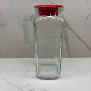 Vintage Covetro Ribbed Glass Pitcher Red Lid Made in Italy 9"